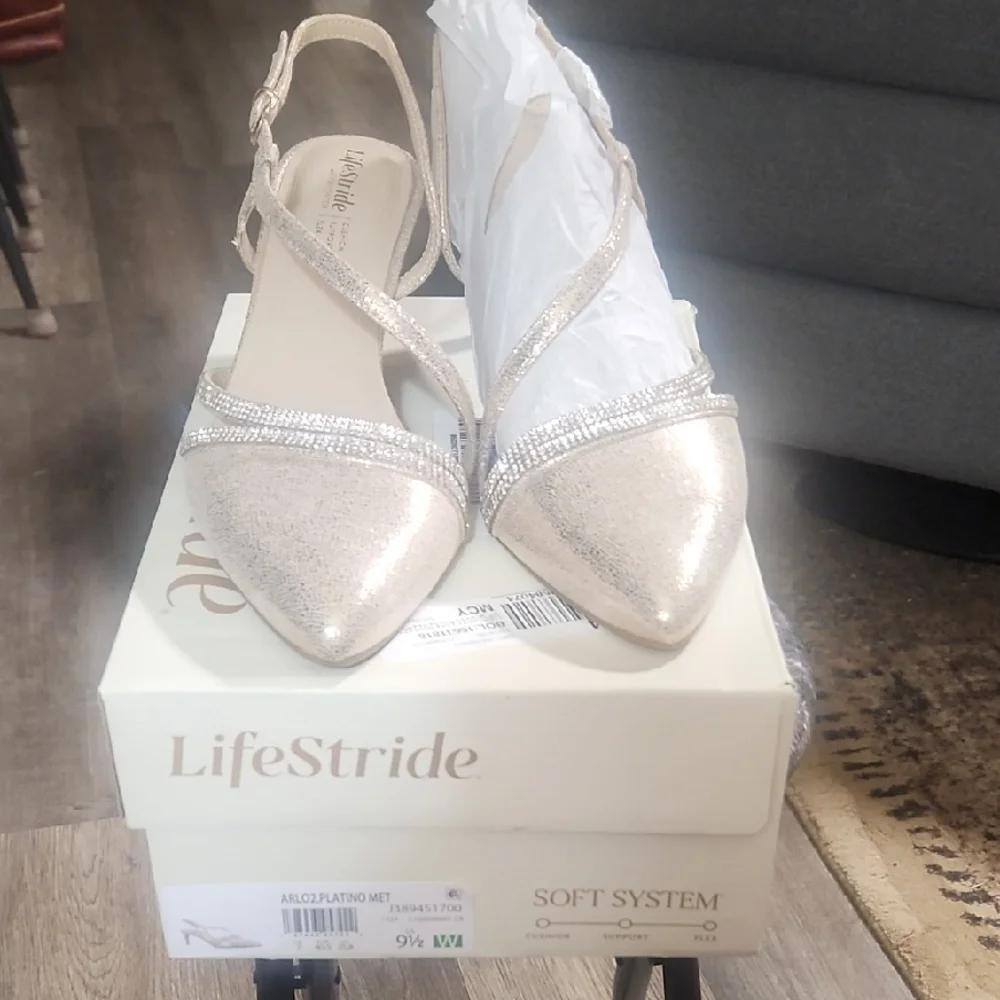 Life Stride Women's Metallic Gold Pointed Toe Flats with Rhinestone Strap